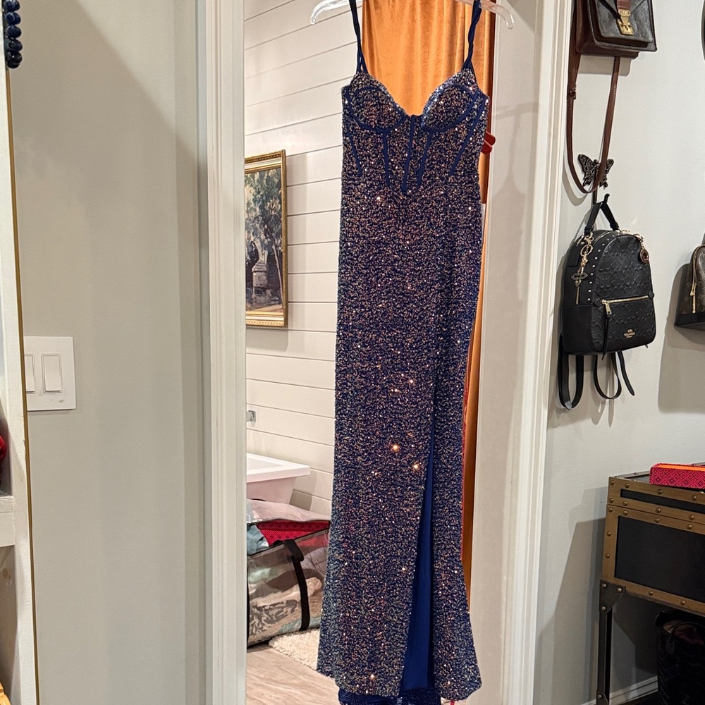 Blue Sequin Gown with Spaghetti Straps